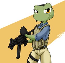  2022 amelia_(sandwich-anomaly) amphibian anthro black_clothing black_gloves black_handwear blue_clothing blue_shirt blue_topwear bottomwear bulletproof_vest clothed clothing eye_scar facial_scar female frog gloves green_body green_skin gun handwear holding_gun holding_object holding_ranged_weapon holding_weapon looking_at_viewer pants ranged_weapon sandwich-anomaly scar shirt simple_background solo standing submachine_gun tan_bottomwear tan_clothing tan_pants topwear ump-45 weapon yellow_eyes 