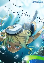  ass blonde_hair blue_eyes commentary_request female freediving hand_on_headwear hat hat_tug i-8_(kancolle) ifuji_shinsen kantai_collection low_twintails peaked_cap red-framed_eyewear sailor_hat school_swimsuit semi-rimless_eyewear solo swimming swimsuit thighhighs twintails twitter_username under-rim_eyewear underwater white_hat white_thighhighs 