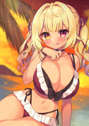  :q ahoge bikini blonde_hair blush bracelet breasts brown_choker choker cleavage closed_mouth cloud collarbone dot_nose female frilled_bikini frills glint hair_intakes hair_ribbon heterochromia highleg highleg_bikini highres hoshikawa_sara hoshikawa_sara_(4th_costume) huge_breasts jewelry lips long_hair looking_at_viewer navel nijisanji ocean red_bikini red_eyes red_ribbon ribbon side-tie_bikini_bottom skindentation sky smile solo stomach summer sunlight sunset sweat swimsuit tan thighs tongue tongue_out twintails ujiie virtual_youtuber wide_hips yellow_eyes 