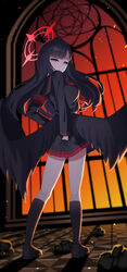  absurdres black_eyes black_footwear black_gloves black_hair black_serafuku black_shirt black_skirt black_socks blue_archive breasts feathered_wings female gloves hair_ornament hairpin highres ichika_(blue_archive) long_hair looking_at_viewer low_wings medium_breasts school_uniform serafuku shirt shoes skirt socks solo tost_(cloi123) unusually_open_eyes wings 