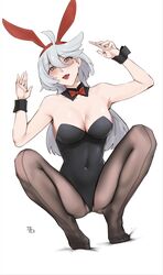  absurdres ahoge animal_ears artist_name black_leotard black_pantyhose black_wrist_cuffs blush bow bowtie breasts cleavage covered_navel detached_collar fake_animal_ears female full_body grey_eyes grey_hair gundam gundam_suisei_no_majo hair_between_eyes hands_up highres large_breasts leotard long_hair looking_at_viewer miorine_rembran open_mouth pantyhose playboy_bunny rabbit_ears red_bow simple_background solo strapless strapless_leotard tierla tongue tongue_out white_background wrist_cuffs 