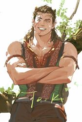  11114tai baldur&#039;s_gate baldur&#039;s_gate_3 bioware brown_hair crossed_arms electronic_arts elf facial_tattoo grin hair halsin_(baldur&#039;s_gate) hi_res humanoid humanoid_pointy_ears long_hair male muscular muscular_humanoid muscular_male not_furry scar sleeveless smile solo tattoo 