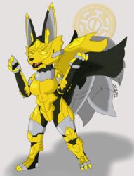  absurd_res anthro armor bakugan big_ears big_tail breasts canid canine deltatel fangs_bared female fennec_fox fenneca_(bakugan) fox generation_2_bakugan hi_res mammal solo standing tail tongue true_fox 