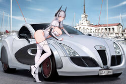  absurdres alternate_costume azur_lane black_hair breasts car character_name cleavage clothing_cutout copyright_name elbow_gloves female fingerless_gloves full_body gloves hair_intakes high_heels highres horns kcar66t kursk_(azur_lane) large_breasts leotard license_plate long_hair marine_station_(sochi) motor_vehicle multicolored_hair navel_cutout necktie race_queen real_world_location russia russo-baltique_impression short_necktie shrug_(clothing) sochi solo standing standing_on_one_leg thighhighs two-tone_gloves white_background white_leotard white_thighhighs 