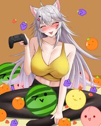  absurdres ahoge animal_ear_fluff animal_ears blush breasts cleavage closed_eyes closed_mouth controller d-pad d-pad_hair_ornament female food fruit fruit_request game_controller grapes grey_hair hair_ornament highres holding holding_controller holding_game_controller kagaya_illust large_breasts long_hair looking_at_viewer nail_polish orange_(fruit) red_nails shirt smile strawberry suika_game tongue tongue_out virtual_youtuber vshojo watermelon wolf_ears yellow_shirt zentreya zentreya_(mmo_zen) 