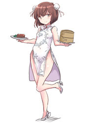  bamboo_steamer breasts brown_eyes brown_hair bun_cover china_dress chinese_clothes double_bun dress female food fuji_(pixiv24804665) full_body hair_bun high_heels highres kantai_collection leaf_print meat plate rudder_footwear short_hair side_slit simple_background small_breasts solo standing standing_on_one_leg tan_yang_(kancolle) white_background white_dress yukikaze_(kancolle) 