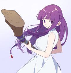  aiming aiming_at_viewer bare_arms bare_shoulders blunt_bangs breasts bright_pupils commentary dress expressionless female fern_(sousou_no_frieren) from_side gradient_background highres hime_cut holding holding_staff holding_stick large_breasts long_hair looking_at_viewer open_mouth parted_lips purple_eyes purple_hair shimizu_tomoki sleeveless sleeveless_dress solo sousou_no_frieren staff stick upper_body white_background white_dress 