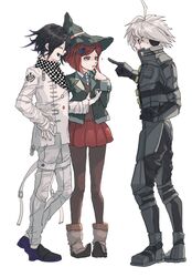  2boys :d ? ahoge android armor black_footwear black_hair black_headwear black_jacket brown_pantyhose brown_vest collared_shirt danganronpa_(series) danganronpa_v3:_killing_harmony dress_shirt female full_body gem_hair_ornament grey_hair grey_jacket grey_pants grey_shirt hat headphones highres jacket k1-b0 miniskirt multiple_boys oma_kokichi open_clothes open_jacket pants pantyhose pleated_skirt power_armor profile purple_footwear red_hair red_skirt shirt short_hair simple_background skirt smile standing sweatdrop teeth upper_teeth_only vest white_background white_shirt witch_hat yoshie_(komaneko0007) yumeno_himiko 