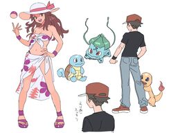  1boy :d alternate_costume black_shirt black_wristband breasts bright_pupils brown_eyes brown_hair bulbasaur charmander collarbone commentary_request female grey_pants hat hat_ribbon leaf_(pokemon) long_hair miyage_no_nukegara multiple_views open_mouth pants pigeon-toed pink_ribbon pokemon pokemon_(creature) pokemon_frlg purple_footwear red_(pokemon) red_headwear ribbon sarong shirt shoes short_hair short_sleeves sidelocks smile squirtle standing starter_pokemon_trio sun_hat t-shirt teeth toes tongue upper_teeth_only white_headwear white_pupils 