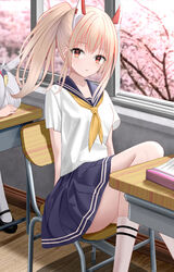  2girls animal_ears ascot ayanami_(azur_lane) azur_lane blonde_hair blurry blurry_background desk fake_animal_ears highres indoors laffey_(azur_lane) looking_at_viewer multiple_girls orange_eyes pleated_skirt purple_skirt school_desk school_uniform shirt short_sleeves skirt sleeping socks tina_(tinafya) white_hair white_shirt white_socks wooden_floor yellow_ascot 