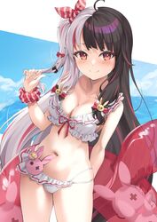  ahoge amerika_juu_pan bikini black_hair blush breasts cleavage female frilled_bikini frills large_breasts multicolored_hair nijisanji one_side_up pink_hair red_eyes scrunchie smile solo split-color_hair streaked_hair swimsuit virtual_youtuber white_bikini white_hair wrist_scrunchie yorumi_rena yorumi_rena_(7th_costume) 