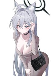  absurdres alternate_costume animal_ear_fluff animal_ears black_choker blue_archive blush breasts choker cleavage collarbone commentary_request danbal dongtan_dress dress extra_ears female grey_dress grey_hair halo highres korean_commentary large_breasts leaning_forward long_hair looking_at_viewer meme_attire mismatched_pupils shiroko_(blue_archive) shiroko_terror_(blue_archive) simple_background solo straight_hair sweatdrop very_long_hair white_background wolf_ears 