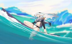  ak-12_(age_of_slushies)_(girls&#039;_frontline) ak-12_(girls&#039;_frontline) alternate_costume bikini black_ribbon breasts closed_eyes female full_body girls&#039;_frontline hair_ribbon in_water jacket large_breasts long_hair long_sleeves navel official_alternate_costume open_clothes open_jacket ribbon samsam_s2s sidelocks solo stomach straight_hair surfboard surfing swimsuit thighs two-tone_bikini unfinished water white_hair 