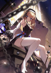  +_+ black_tears blonde_hair blue_eyes boots borrowed_character breasts celestine_(letmebid) chains cluseller commentary_request detached_sleeves female habit high_heel_boots high_heels highres indoors long_hair looking_at_viewer nun original panties pelvic_curtain sitting skull small_breasts solo symbol-shaped_pupils underwear white_panties window 