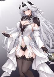  absurdres azur_lane black_gloves black_panties black_thighhighs black_tiara blush breasts cleavage cross dress female fingerless_gloves gloves gradient_background grey_hair groin headpiece highres large_breasts long_hair looking_at_viewer marseillaise_(azur_lane) navel panties parted_lips red_eyes revealing_clothes signature simple_background solo stomach thighhighs tiara ueyama_0clock underwear white_dress white_hair 