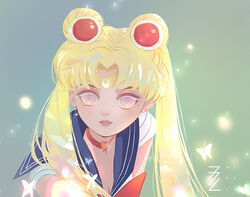  artist_name bishoujo_senshi_sailor_moon bishoujo_senshi_sailor_moon_s blonde_hair blue_background blue_sailor_collar bow bowtie breasts bug butterfly choker circlet cleavage collared_leotard commentary crescent crescent_earrings derivative_work double_bun earrings english_commentary eye_glitter female glowing glowing_butterfly gradient_background green_background hair_bun hair_ornament heart heart_choker jewelry leotard light_smile long_eyelashes long_hair magical_girl meme mina_fz. outstretched_arm parted_bangs parted_lips pink_lips purple_eyes red_bow red_bowtie red_choker sailor_collar sailor_moon sailor_moon_redraw_challenge_(meme) sailor_senshi_uniform screenshot_redraw short_sleeves solo sparkle straight-on tsukino_usagi twintails upper_body watermark white_leotard 