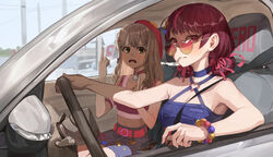  2girls absurdres bare_shoulders belt beret bracelet breasts brown_hair car chips_(food) cleavage closed_mouth commentary_request crop_top day double_middle_finger driving food gradient-tinted_eyewear green_eyes hair_ornament hair_ribbon hat heart heart-shaped_eyewear highres jewelry jururu korean_commentary long_hair looking_over_eyewear medium_breasts middle_finger motor_vehicle multicolored_hair multiple_girls outdoors pink-tinted_eyewear pink_ribbon purple_eyes purple_hair red_headwear ribbon steering_wheel streaked_hair sunglasses tinted_eyewear tsukinuma_gohan viichan virtual_youtuber waktaverse 