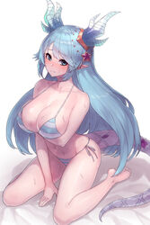  absurdres arm_between_legs arm_under_breasts barefoot bikini blue_eyes blue_hair blue_horns breasts cleavage collarbone female full_body hair_ornament highres horns huge_breasts king&#039;s_raid kneeling laias_(king&#039;s_raid) large_breasts long_hair pointy_ears raised_eyebrows shiny_skin side-tie_bikini_bottom simple_background sitting solo star_(symbol) star_hair_ornament striped_bikini striped_clothes sweat swimsuit tail wariza white_background yu_mochi_(kamiinu) 