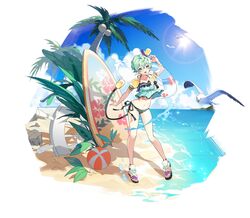  :d absurdres animal arm_up ball beach beachball bikini bird black_footwear breasts coconut collarbone commentary_request day female glasses green_eyes green_hair hair_between_eyes highres horizon innertube light_bulb looking_at_viewer medium_breasts navel ocean palm_tree pandoria_(beach_date)_(xenoblade) pandoria_(xenoblade) pointy_ears puffy_short_sleeves puffy_sleeves round_eyewear sandals seagull ship&#039;s_wheel short_sleeves side-tie_bikini_bottom smile solo standing stephanieh81080 striped_bikini striped_clothes swim_ring swimsuit tree water xenoblade_chronicles_(series) xenoblade_chronicles_2 