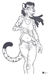  2023 anthro belly bottomwear cheetah claws clothed clothing clothing_lift denim denim_bottomwear denim_clothing dreadlocks fangs felid feline female fur jeans looking_at_viewer mammal marcushunter markings navel open_mouth pants raised_clothing raised_tail shirt signature slightly_chubby slightly_chubby_anthro slightly_chubby_female smile smiling_at_viewer solo spots spotted_body spotted_fur standing tail tank_top teeth tongue topwear 