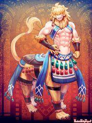  1boy abs ahoge animal_ears animal_hands blonde_hair bracer braid bridal_gauntlets claws clenched_hand copyright_name fangs full_body fur-tipped_tail grin hair_over_eyes hand_on_own_hip lion_boy lion_ears lion_tail male_focus mane mizuki_apple monster_boy muscular muscular_male navel no_shirt pandora_party_project pectorals smile solo standing tail tassel taur 