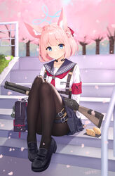  absurdres animal_ears bad_id bad_pixiv_id black_pantyhose blue_archive blue_eyes blurry blurry_background bow captain_yina cherry_blossoms collarbone falling_petals female garter_belt gun highres long_sleeves looking_at_viewer microphone niko_(blue_archive) outdoors pantyhose petals pink_hair red_bow school_uniform shadow shirt short_hair smile solo stairs thigh_strap weapon white_shirt 