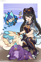  2girls animal_ears black_hair blue_hair blush blush_stickers cat_ears check_commentary commentary commentary_request crop_top duel_monster fake_tail full_body gameplay_mechanics hat highres i:p_masquerena long_hair midriff mochi_curry multiple_girls ni-ni_the_mirror_mikanko one_eye_closed open_mouth pants petting purrely purrelyly roller_skates short_hair short_sleeves skates smile squatting tail thumbs_up translated twintails yu-gi-oh! 