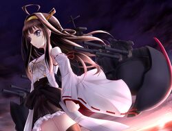  ahoge backpack bad_id bad_pixiv_id bag bare_shoulders brown_eyes brown_hair cannon cowboy_shot detached_sleeves dutch_angle eyelashes female headdress headgear japanese_clothes kantai_collection kongou_(kancolle) long_hair long_sleeves machinery solo standing turret very_long_hair wide_sleeves wind yayayoruyoru 