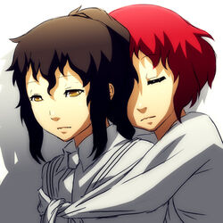  2girls amputee armless_amputee brown_hair closed_eyes crossover double_amputee hug hug_from_behind isolda_gaillard katawa_shoujo lowres mike_inel missing_stars multiple_girls photoshop_(medium) red_hair short_hair simple_background sleeves_tied_together tezuka_rin tied_sleeves upper_body yellow_eyes 