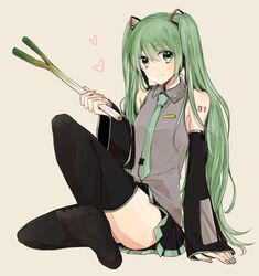  arm_support bad_id bad_pixiv_id detached_sleeves feet female green_eyes green_hair gyw hatsune_miku long_hair looking_at_viewer necktie simple_background sitting skirt smile solo spring_onion thighhighs twintails very_long_hair vocaloid 