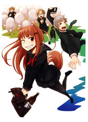  2boys 2girls ;) absurdres animal_ears ayakura_juu bag binoculars black_legwear bottle briefcase brown_hair canine contemporary craft_lawrence fermi_amarti foreshortening glasses grey_hair grin hair_ornament hairclip highres holo long_hair multiple_boys multiple_girls necktie nora_arento official_art one_eye_closed open_mouth pantyhose photoshop_(medium) pleated_skirt ponytail pulling red_eyes sake_bottle scan school_bag school_briefcase school_uniform serafuku sheep short_hair skirt smile spice_and_wolf sweatdrop tail wolf_ears wolf_girl wolf_tail 