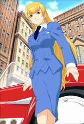  blonde_hair blue_eyes car female looking_at_viewer motor_vehicle necktie outdoors ratchet_altair ring sakura_taisen sakura_taisen_v skirt_suit solo street very_long_hair 