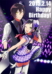  1boy bad_id bad_pixiv_id black_hair couple dated dress female gloves green_eyes happy_birthday hat idol ioko microphone mihama_kouji mini_hat mini_top_hat multicolored_hair one_eye_closed pretty_rhythm pretty_rhythm_rainbow_live pretty_series purple_hair short_hair straight suzuno_ito thighhighs top_hat two-tone_hair yellow_eyes 