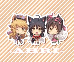  3girls :d ;) ;o ahoge ahri_(league_of_legends) alternate_costume alternate_hair_color alternate_hairstyle animal_ears bad_id bad_pixiv_id bell big_head black_hair bow braid brown_background brown_legwear character_name chestnut_mouth chibi cosplay detached_sleeves dynasty_ahri ear_ribbon fangs fox_ears fox_tail full_body girls&#039;_generation hair_bun hair_ornament hair_stick hairbow hanbok hands_on_own_hips happy hat hat_bow headset heart jewelry jingle_bell kim_bae-eo korean_clothes league_of_legends light_smile lineup long_hair long_sleeves looking_at_viewer multiple_girls multiple_persona multiple_tails necklace one_eye_closed open_clothes open_mouth pantyhose pantyhose_under_shorts parted_bangs peaked_cap popstar_ahri short_shorts shorts single_braid single_hair_bun smile standing striped striped_background swept_bangs tail very_long_hair yellow_eyes 