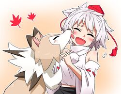  animal_ears bare_shoulders closed_eyes commentary_request crossover detached_sleeves female hat inubashiri_momiji leaf licking licking_another&#039;s_cheek licking_another&#039;s_face lycanroc lycanroc_(midday) maple_leaf midriff noel_(noel-gunso) pokemon pokemon_(creature) pokemon_sm pom_pom_(clothes) red_hat ribbon-trimmed_sleeves ribbon_trim short_hair species_connection tokin_hat touhou upper_body white_hair wide_sleeves wolf_ears 