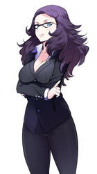  blue_eyes breast_hold breasts cleavage crossed_arms female formal glasses hair_ornament hairclip index_finger_raised large_breasts lips long_hair long_sleeves looking_at_viewer mature_female missing_stars ms._wieck naso4 pant_suit pants purple_hair simple_background smile solo standing suit teacher wavy_hair white_background wing_collar 