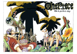  2000 2girls 4boys animal backpack bag bird black_hair blonde_hair blue_hair carue colorspread copyright_name cover cover_page duck eating fern flower food fruit gears gloves goggles green_hair green_shirt hand_on_hat hand_on_headwear hat highres jolly_roger ladder midriff monkey_d_luffy multiple_boys multiple_girls nami nami_(one_piece) nefertari_vivi nest oda_eiichiro oda_eiichirou official_art one_piece orange_hair outdoors pear pirate ponytail red_pants roronoa_zoro ruins sanji scar shirt shorts sitting smile straw_hat telescope title_drop topless usopp white_gloves 