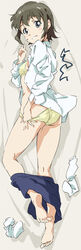  ass barefoot blush bra commentary dress_shirt feet female finger_to_cheek grey_eyes happy hayashida_airi highres looking_at_viewer lying mole mole_on_cheek open_clothes open_shirt panties shirt short_hair smile socks solo toes umanosuke underwear undressing unworn_socks wake_up_girls! white_shirt 