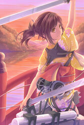  bad_id bad_pixiv_id bridge brown_hair dararito dual_wielding female highres holding japanese_clothes kimono landscape sasha_blouse shingeki_no_kyojin solo sword three-dimensional_maneuver_gear weapon yellow_eyes 