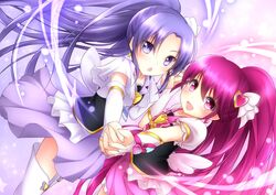  2girls :d :o aino_megumi bad_id bad_pixiv_id blush boots bow brooch cure_fortune cure_lovely earrings eyelashes fingerless_gloves gloves hair_ornament happinesscharge_precure! happy heart heart_brooch heart_hair_ornament highres hikawa_iona holding_hands interlocked_fingers jewelry long_hair looking_at_viewer magical_girl multiple_girls open_mouth pink_bow pink_eyes pink_hair pink_skirt ponytail precure puffy_sleeves purple_eyes purple_hair purple_skirt ribbon shirt skirt smile standing symmetrical_hand_pose thigh_boots thighhighs vest white_arm_warmers white_legwear wide_ponytail wrist_cuffs yayayoruyoru zettai_ryouiki 