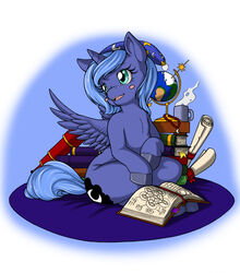  2014 alicorn blue_background blue_body blue_eyes blue_feathers blue_fur blush book clothing container cup cutie_mark diagram elements_of_harmony equid equine feathered_wings feathers female feral friendship_is_magic fur globe gloves handwear hasbro hat headgear headwear hooves horn jewelry longinius mammal my_little_pony mythological_creature mythological_equine mythology necklace nightcap pendent_seal pillow princess_luna_(mlp) rug scroll simple_background sitting solo steam wax_seal wings young 