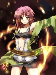  armpits atmaibobmgmiho breasts cleavage collarbone duel_monster female fire hiita navel red_eyes red_hair skirt smile solo staff weapon yu-gi-oh! 