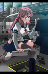  akashi_(kancolle) bandana breasts commentary_request fairy_(kancolle) female green_eyes green_hair hair_ribbon headband highres hip_vent kantai_collection large_breasts long_hair looking_at_viewer miniskirt pink_hair ribbon school_uniform serafuku sitting skirt solo thighhighs tower tube turret wariza wrwr zettai_ryouiki 