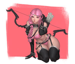  absurdres archery arm_support arrow_(projectile) bad_id bad_pixiv_id bangle bare_shoulders beads belt bikini black_footwear black_gloves black_thighhighs boots bow bow_(weapon) bracelet braid breasts bypos circlet cleavage closed_mouth elf eyelashes female full_body garter_belt gloves hair_over_shoulder highres jewelry kneeling large_breasts leaning_forward leaning_to_the_side lips long_hair looking_at_viewer navel original photoshop_(medium) pink_bikini pink_bow pink_eyes pink_hair pointy_ears quiver red_background single_braid solo stomach swimsuit thigh_boots thighhighs tucking_hair underboob weapon 