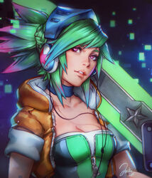  2015 alternate_costume arcade_riven bad_deviantart_id bad_id braid breasts bustier choker cleavage female green_hair headphones jurikoi league_of_legends lips medium_breasts nose open_clothes open_vest over_shoulder photoshop_(medium) pink_eyes pixelated riven_(league_of_legends) side_braid signature sleeves_rolled_up solo sword sword_over_shoulder unzipped vest weapon weapon_over_shoulder 