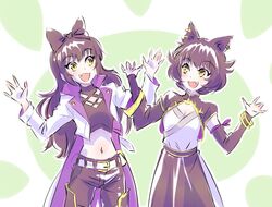  2girls :d animal_ears black_hair blake_belladonna bracelet cat_ears cat_girl commentary crop_top earrings iesupa jewelry kali_belladonna midriff mother_and_daughter multiple_girls navel oerba_yun_fang open_hands open_mouth pants rwby smile yellow_eyes 