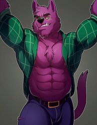  2017 abs anthro arms_above_head belt bernard_(ok_k.o.!_lbh) biceps big_muscles black_eyes black_nose bottomwear bulge canid canine canis cartoon_network chest_tuft clenched_teeth clothed clothing digital_media_(artwork) fangs front_view fur knuxlight looking_at_viewer male male_anthro mammal muscular muscular_anthro muscular_male mythological_canine mythological_creature mythology navel nipples ok_k.o.!_let&#039;s_be_heroes open_clothing open_shirt open_topwear pants pecs pink_nipples plaid portrait purple_body purple_fur raised_tail shirt simple_background solo standing tail teeth three-quarter_portrait topwear triceps tuft were werecanid werecanine werewolf wolf yellow_sclera 