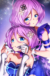  2girls bad_id bad_pixiv_id blue_eyes blush commentary_request detached_sleeves dress emanon123 gloves hair_ornament highres karakuri_futaba karakuri_hitoha looking_at_viewer multiple_girls photoshop_(medium) pink_hair short_hair siblings sisters tokyo_7th_sisters twins 