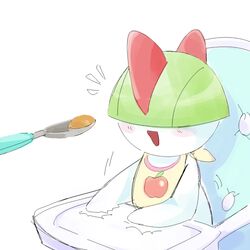  bad_id bad_link bib drawfag food hands high_chair open_mouth pokemon pokemon_(creature) ralts solo spoon 