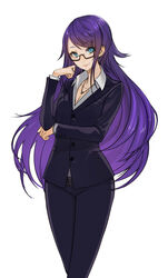  belt blue_eyes breasts cleavage earrings female formal glasses highres jewelry long_hair medium_breasts mins missing_stars ms._wieck necklace pant_suit pants purple_hair smile suit very_long_hair 